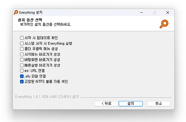 everything-설치-옵션-선택-창